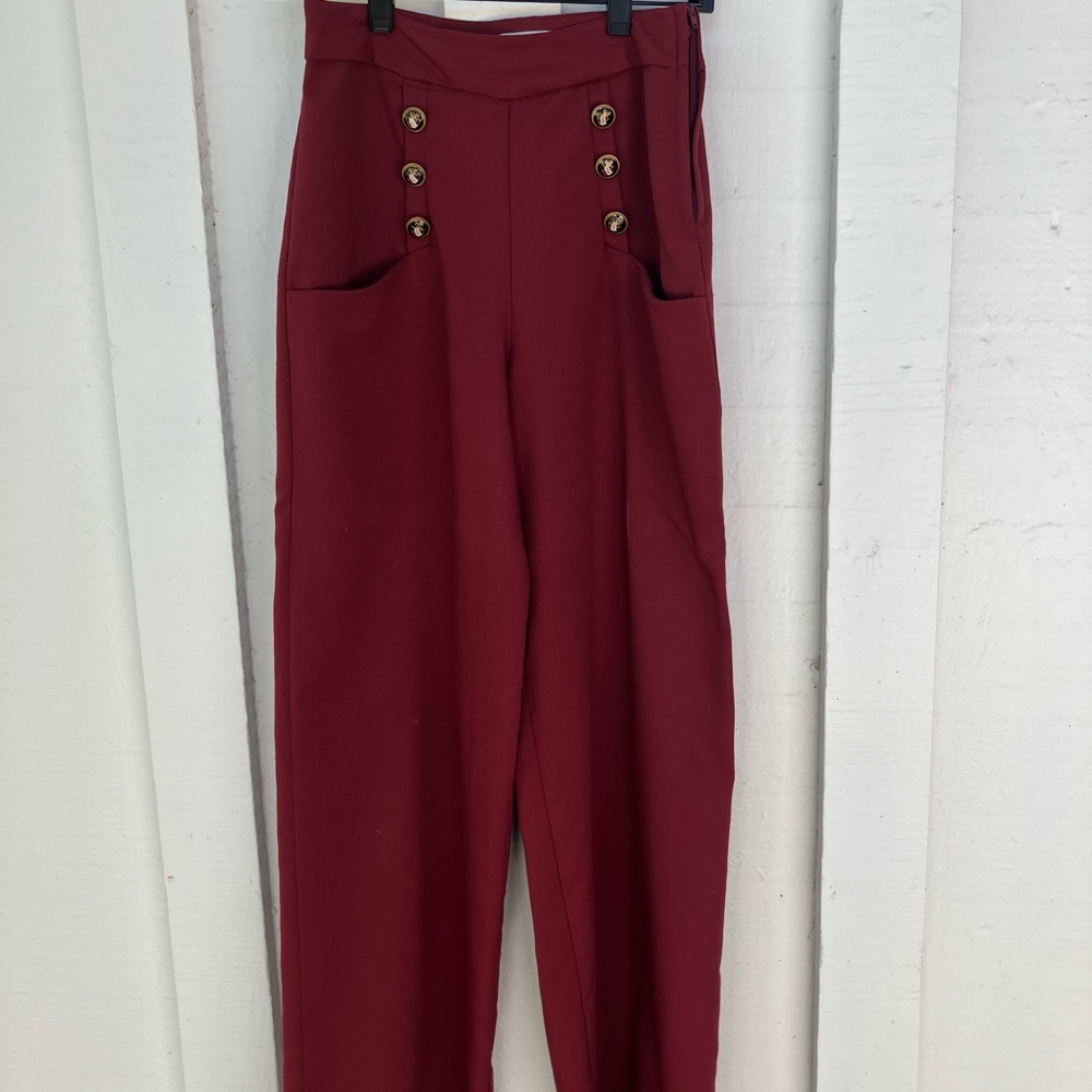 Unique Vintage Burgundy Button-Detail Trousers with pockets
